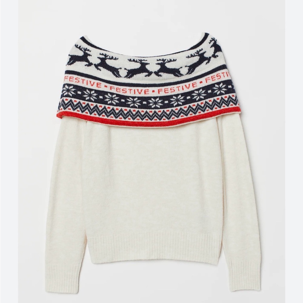 Off shoulder Festive Reindeer Patterned Sweater